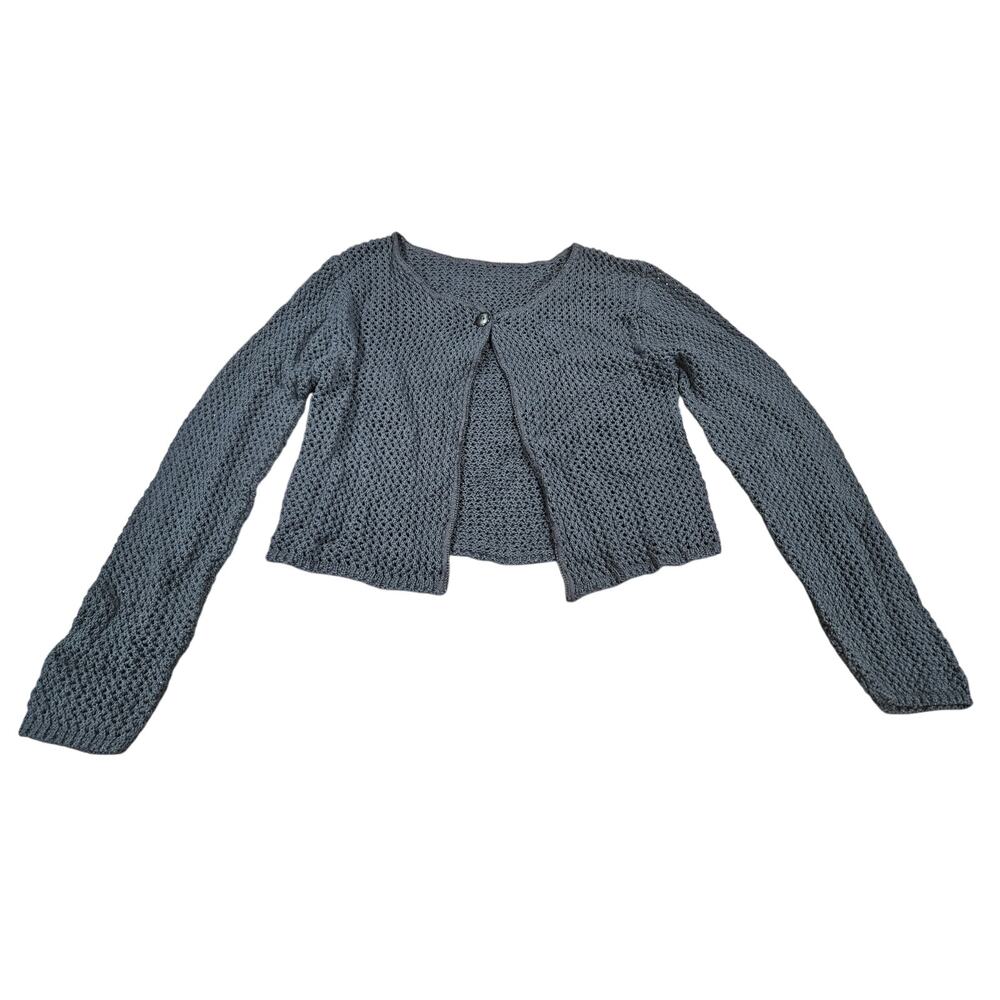 Black Open-Knit Cropped Cardigan Long Sleeve Minimalist Layering Sweater S